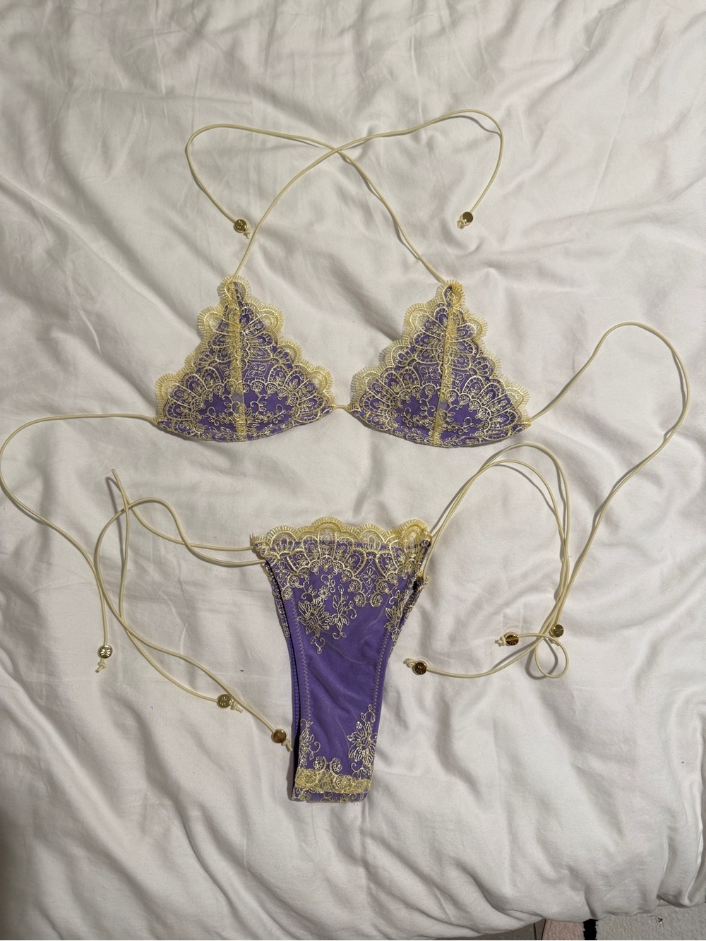 Delicate Purple & Gold Lace Triangle Bikini Set